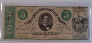 1862 Civil War $5 Virginia Treasury Note Richmond Five Dollars