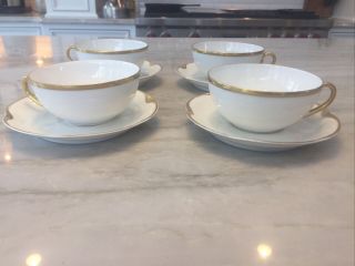 Vintage Haviland Limoges Set Of 4 White Tea Cups And Saucers With Gold Accents