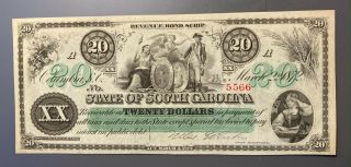 1872 South Carolina Revenue Bond Scrip $20 Uncirculated -