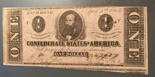 1863 Confederate States $1 Civil War Bank Note First Series