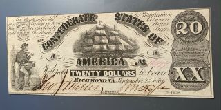 1861 Confederate States $20 Civil War Bank Note Au