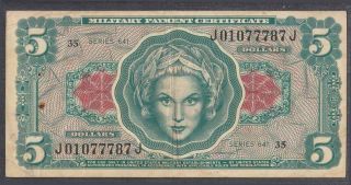 Us Mpc Military Payment Certificate $5.  00 Note Series 641