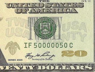 Unc 2006 $20 Bill 50000050 Fancy Serial Number Federal Reserve Note 50 Mil 50
