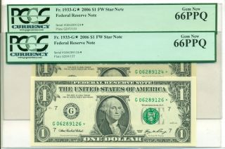 Two (2) 2006 $1 Dollar Frb Star Notes Chicago Gem 66 Ppq Pcgs Currency