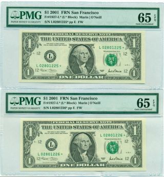 2001 $1 Federal Reserve Star Notes San Francisco (2) Consecutive 65 Epq Pmg
