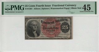 25 Cent Fourth Issue Postal Fractional Currency Note Fr.  1301 Pmg Ch Xf Ef 45