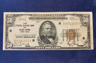 1929 $50 Federal Reserve Bank Of York National Currency Note - Us