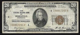 Us - $20.  00 National Currency (frbn) Series 1929 - Minneapolis Fed.  - Vf