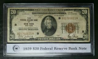 1929 $20 Federal Reserve Bank Of York National Currency Note In Plastic Case