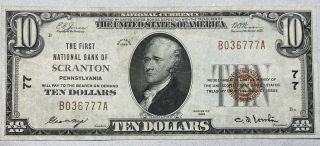 1929 $10 1st National Bank Of Scranton,  Pa Small Size National Ch 77