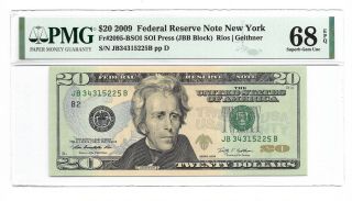 2009 $20 York Frn,  Pmg Gem Uncirculated 68 Epq Banknote,  1st Of 2