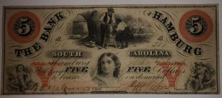 1800’s $5 Bank Of Hamburg South Carolina - Bright Colors - No Cancel Cuts