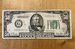 1928 A Green Federal Reserve Note $50 Fifty Dollar Bill Chicago Gold On Demand