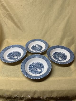 Vintage Currier And Ives Royal Blue “early Winter” 8 1/2 " Soup Bowls Set Of 5
