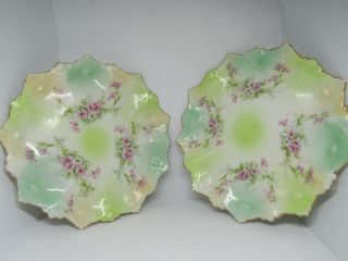Set Of 2 Vintage M.  Z.  Austria 6 " Plates,  Green With Pink Daisies Gold Edge