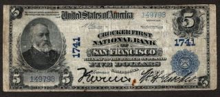 1902 $5 Plain Back,  Crocker First Nb Of Sf,  Ch 1741,  Fine