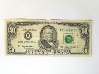 1993 $50 Fifty Dollar Bill,  Federal Reserve Note,  Serial B24128870a
