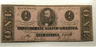 1863 Confederate States Of America $1 Civil War Bank Note Currency