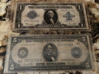 1923 One Dollar $1 Silver Certificate Large Note & 1914 Five Dollar $5 Blue Seal