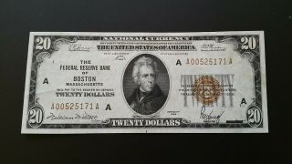 1929 $20 National Currency Frb Of " Boston " Ma