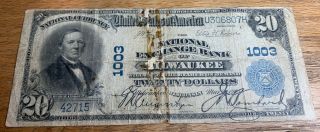 1902 $20 Bank Note National Exchange Bank Of Milwaukee,  Wisconsin