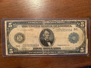 1914 $5 Federal Reserve Note,  3 - C Philadelphia,  Blue Seal,  Circulated