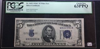 1934c $5 Silver Certificate Wide Face Pcgs 63ppq Fr.  1653 Serial Q36323263a