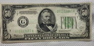 (1) 1934 Federal Reserve Note Fifty U.  S.  Dollar.  $50.  00 Circulated Fr 2102g
