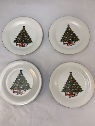 (4) Sea Gull Fine China Christmas Tree Salad Plates 7 1/2 " - Vintage
