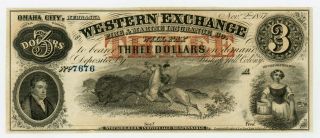 1857 $3 Western Exchange - Omaha City,  Nebraska Note W/ Indian Hunting Buffalo
