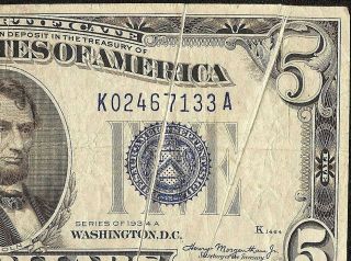 1934 - A $5 Dollar Multiple Gutter Fold Error Note Silver Certificate Paper Money
