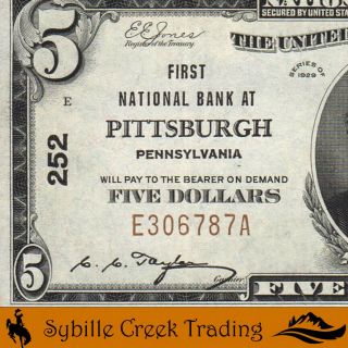 1929 $5 Pittsburgh,  Pa National Bank Note Pennslyvania Currency 06787