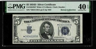 1934d $5 Silver Certificate Star Note Fr1654wi Pmg 40 Extremley Fine Epq