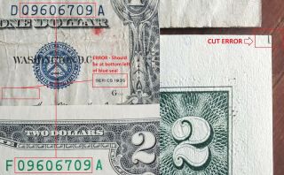 Matching Serial $1 Silver Cert & $2 Dollar Bill Cut,  Print Errors On Both Notes