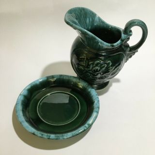 Hull Pottery Usa Green Drip Glaze A50,  A51 Embossed Rose Pitcher & Under Plate