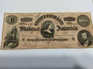 1864 Us $100 One Hundred Dollar Confederate States Of America