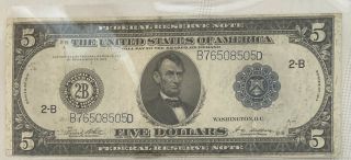 $5 Five Dollar Blue Seal Federal Reserve Currency Note 1914 2 - B York