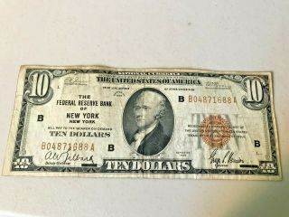 1929 $10 The Federal Reserve Bank Of York Ny National Currency Banknote