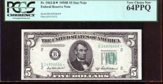 1950 - B $5 Federal Reserve Star Note York B Block Pcgs Very Choice 64ppq