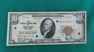 1929 $10 Dollar Bill Brown Seal Bank Note National Currency Old Paper Money Vg