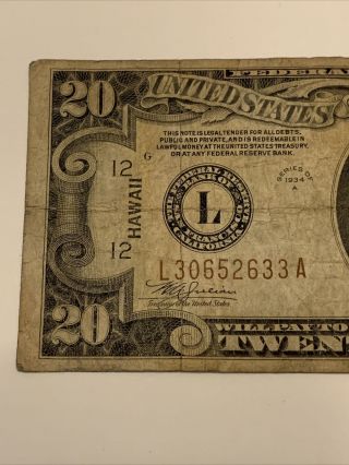 1934 A $20 HAWAII Brown Seal Emergency Issue Federal Reserve Banknote 3