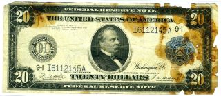1914 United States Twenty Dollar Bill Blue Seal Large Note $20 Old Money
