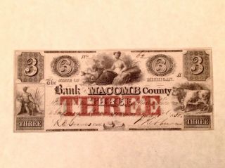 Scarce 1858 $3 Three Dollars The Bank Of Macomb County - Mt.  Clemens,  Michigan