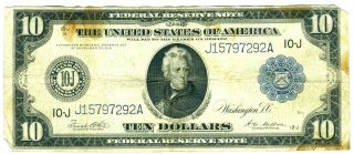 1914 United States Ten Dollar Bill Blue Seal Large Note $10 Old Money