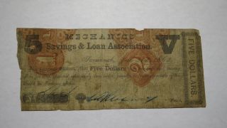 $5 1862 Savannah Georgia Ga Obsolete Currency Bank Note Bill Savings & Loan