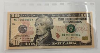 2013 $10 Fancy Serial Number Md73088888a Uncirculated Dollar Bill Currency Us