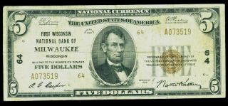 Series Of 1929 U.  S.  National Currency Frbn Milwaukee,  Wi $5 Bank Note