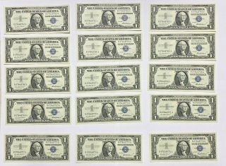 1957 $1 Silver Certificate 15 Consecutive Crisp Uncirculated Notes