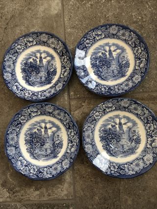 Set Of 4 Liberty Blue Staffordshire Ironstone Old North Church Saucers 5.  75 - 6 "