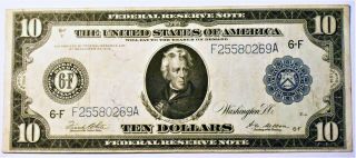 Series Of 1914 $10.  00 Blue Seal Federal Reserve Note 6 - F Atlanta District